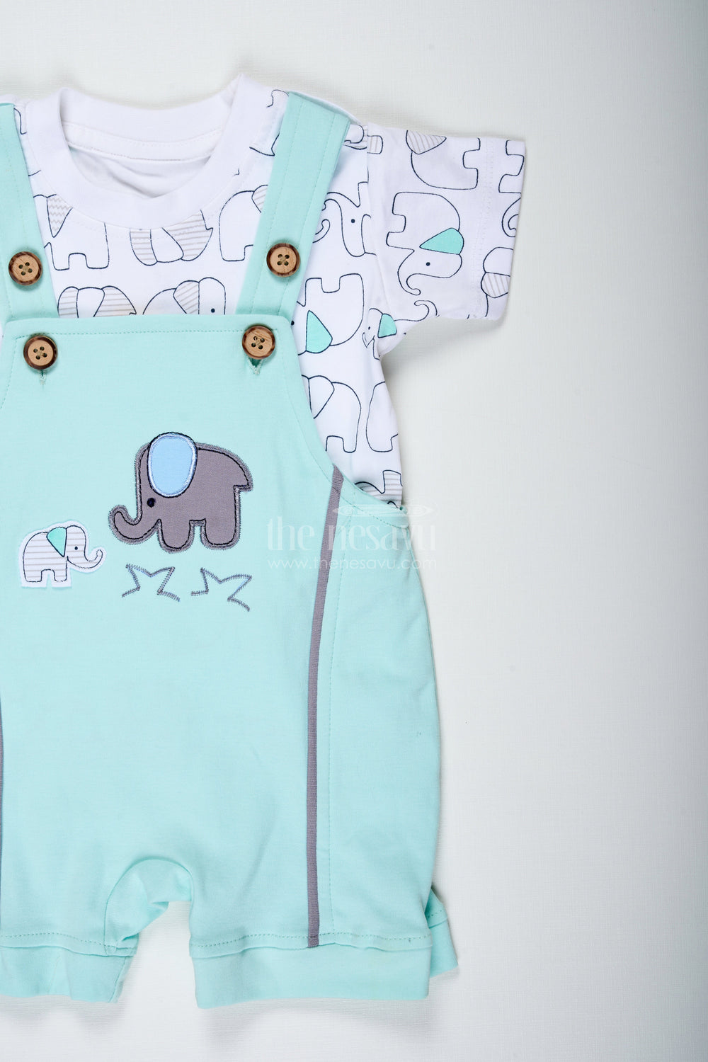 The Nesavu Boys Casual Set Boys Cotton Green Casual Outfits with Elephant Embroidery and Printed T Shirt for Relaxed Daily Wear Nesavu Nesavu Boys Green Casual Cotton Outfits Elephant Embroidery Playful Dungaree Look