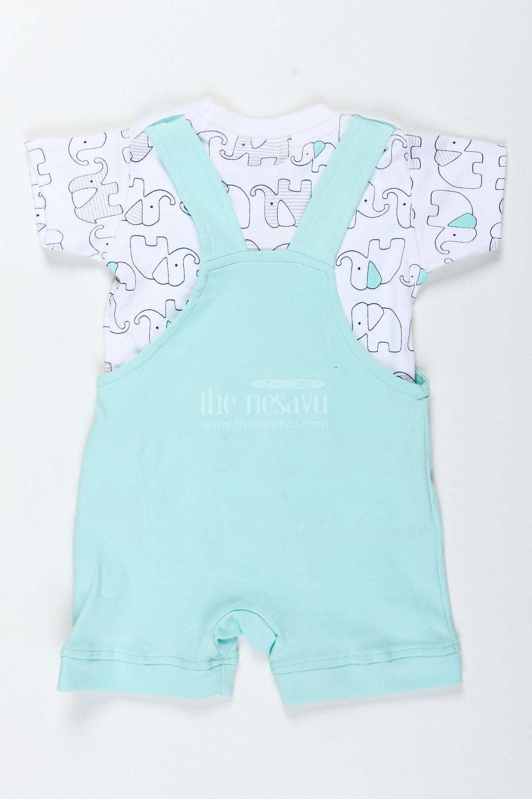 The Nesavu Boys Casual Set Boys Cotton Green Casual Outfits with Elephant Embroidery and Printed T Shirt for Relaxed Daily Wear Nesavu Nesavu Boys Green Casual Cotton Outfits Elephant Embroidery Playful Dungaree Look