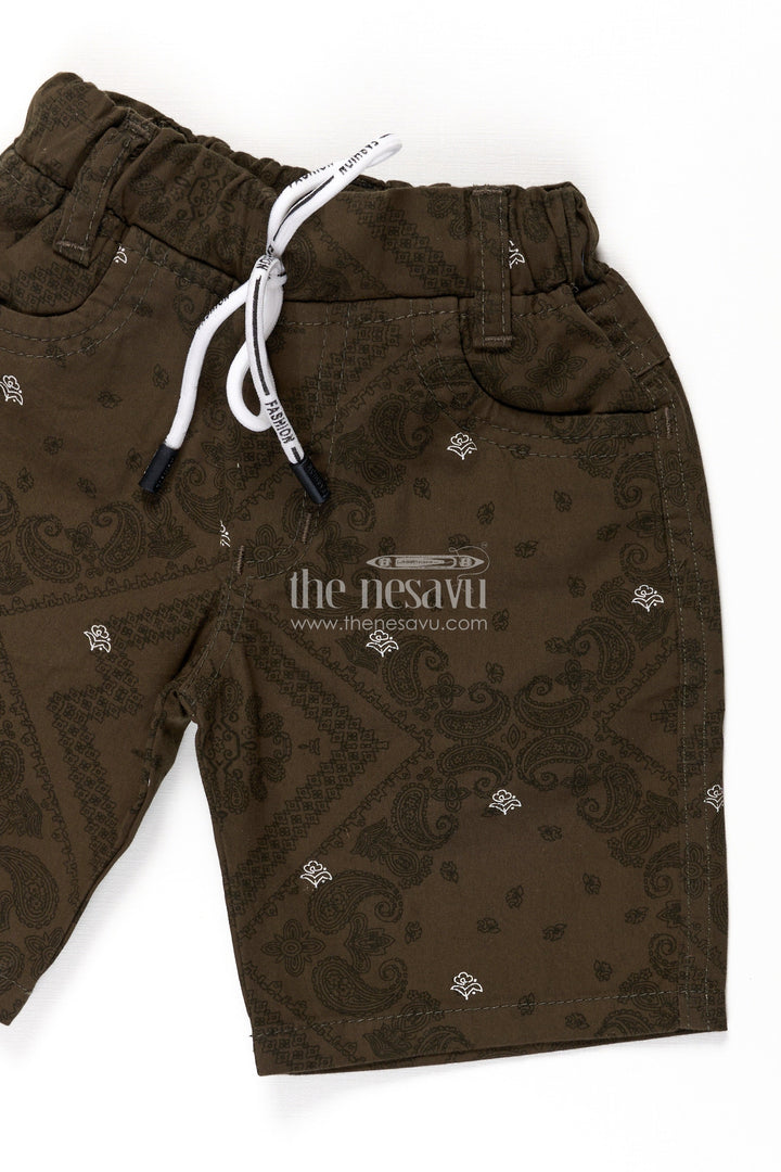 The Nesavu Boys Shorts Boys Cotton Green Dress Shorts with Paisley Digital Prints and Structured Fit for Casual Style Nesavu Nesavu Boys Green Dress Shorts Cotton Paisley Print Adjustable Fit