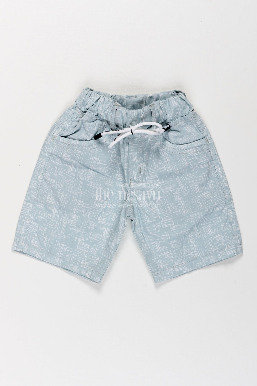 The Nesavu Boys Shorts Boys Cotton Green Shorts with White Digital Print and Soft Elastic Waist for Everyday Comfort Nesavu 16 (1Y) / Green BWS020DA-16 Nesavu Boys Green Cotton Shorts Abstract White Print Comfortable Drawstring Waist
