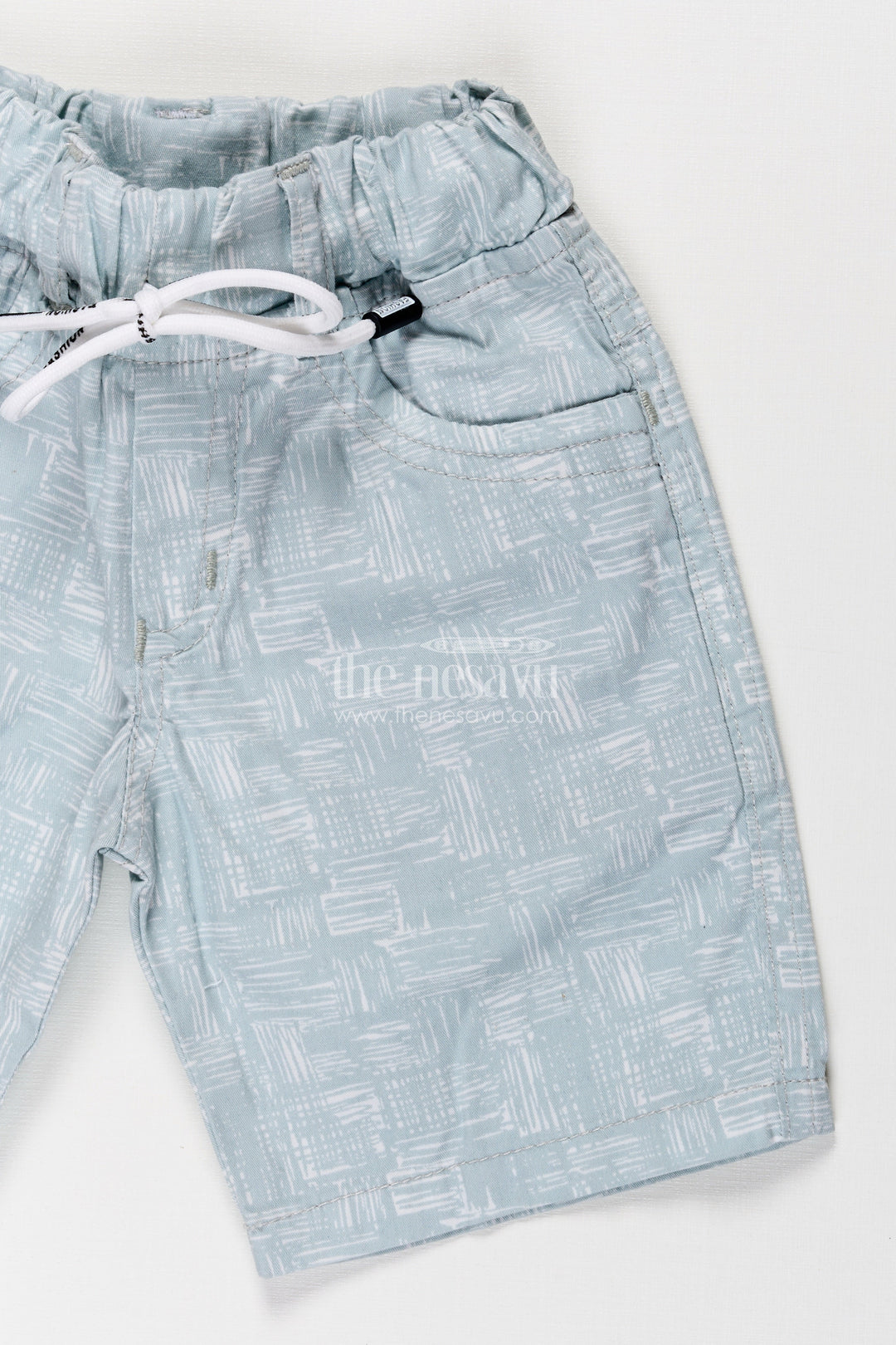 The Nesavu Boys Shorts Boys Cotton Green Shorts with White Digital Print and Soft Elastic Waist for Everyday Comfort Nesavu Nesavu Boys Green Cotton Shorts Abstract White Print Comfortable Drawstring Waist
