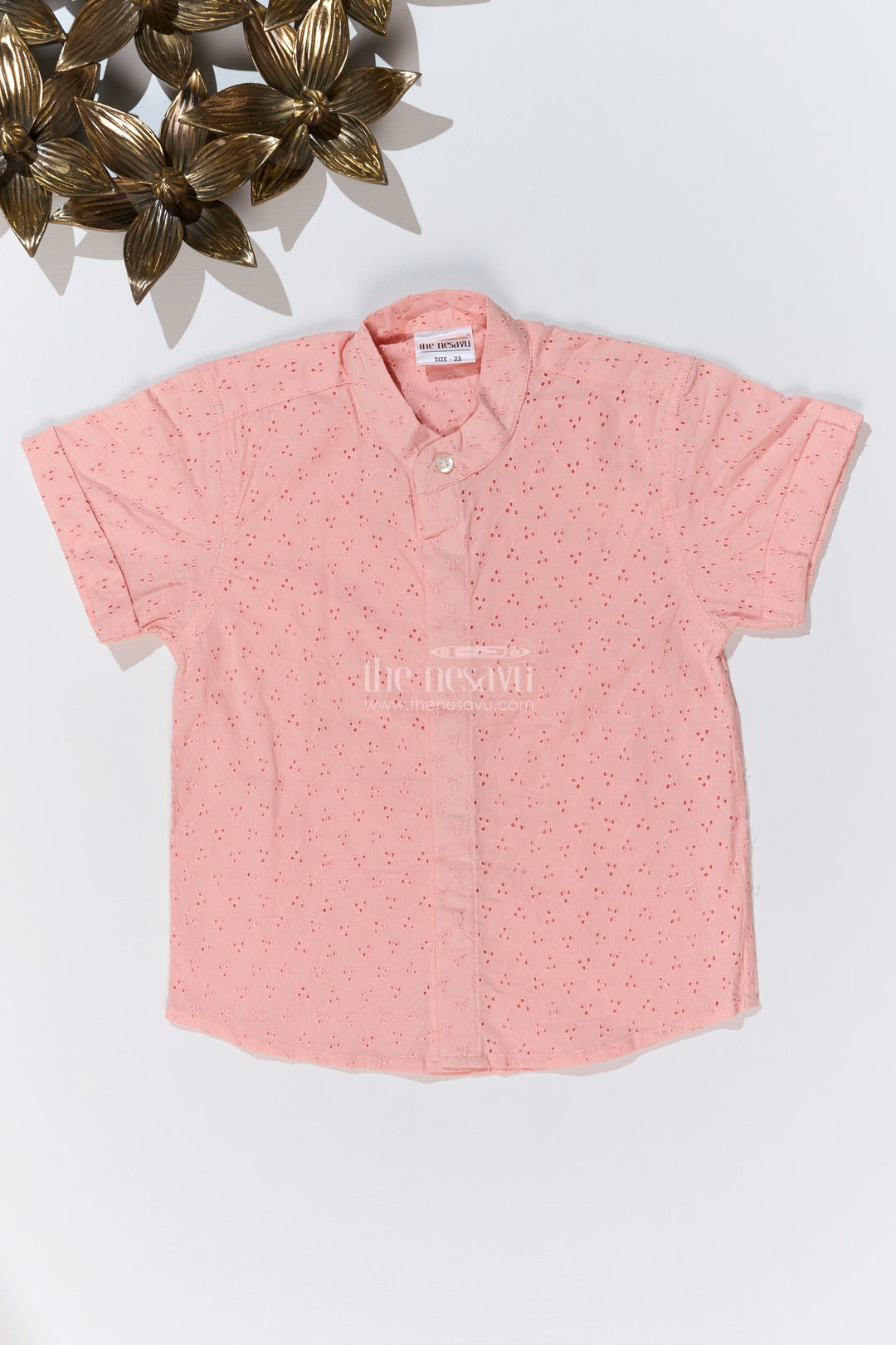 The Nesavu Boys Cotton Shirt Boys Cotton Half Shirt with Hakoba Embroidery in Soft Peach for a Classic Look Nesavu 16 (1Y) / Peach BS213B-16 Boys Cotton Half Shirt Hakoba Embroidery Mandarin Collar Peach | The Nesavu