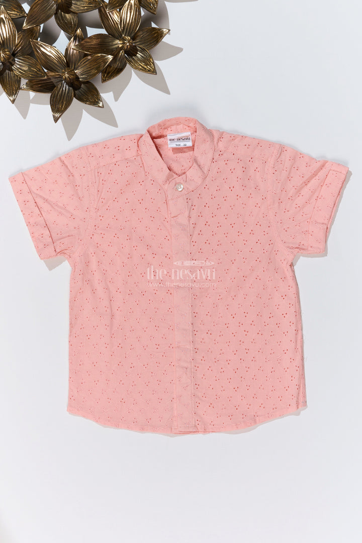 The Nesavu Boys Cotton Shirt Boys Cotton Half Shirt with Hakoba Embroidery in Soft Peach for a Classic Look Nesavu 16 (1Y) / Peach BS213B-16 Boys Cotton Half Shirt Hakoba Embroidery Mandarin Collar Peach | The Nesavu