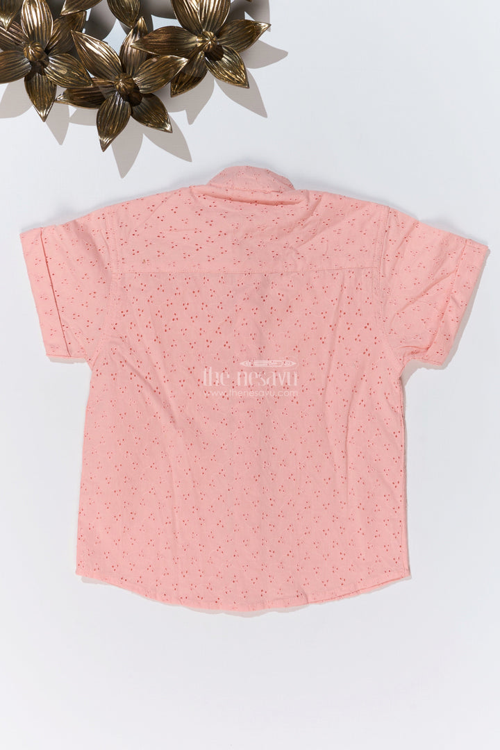 The Nesavu Boys Cotton Shirt Boys Cotton Half Shirt with Hakoba Embroidery in Soft Peach for a Classic Look Nesavu Boys Cotton Half Shirt Hakoba Embroidery Mandarin Collar Peach | The Nesavu