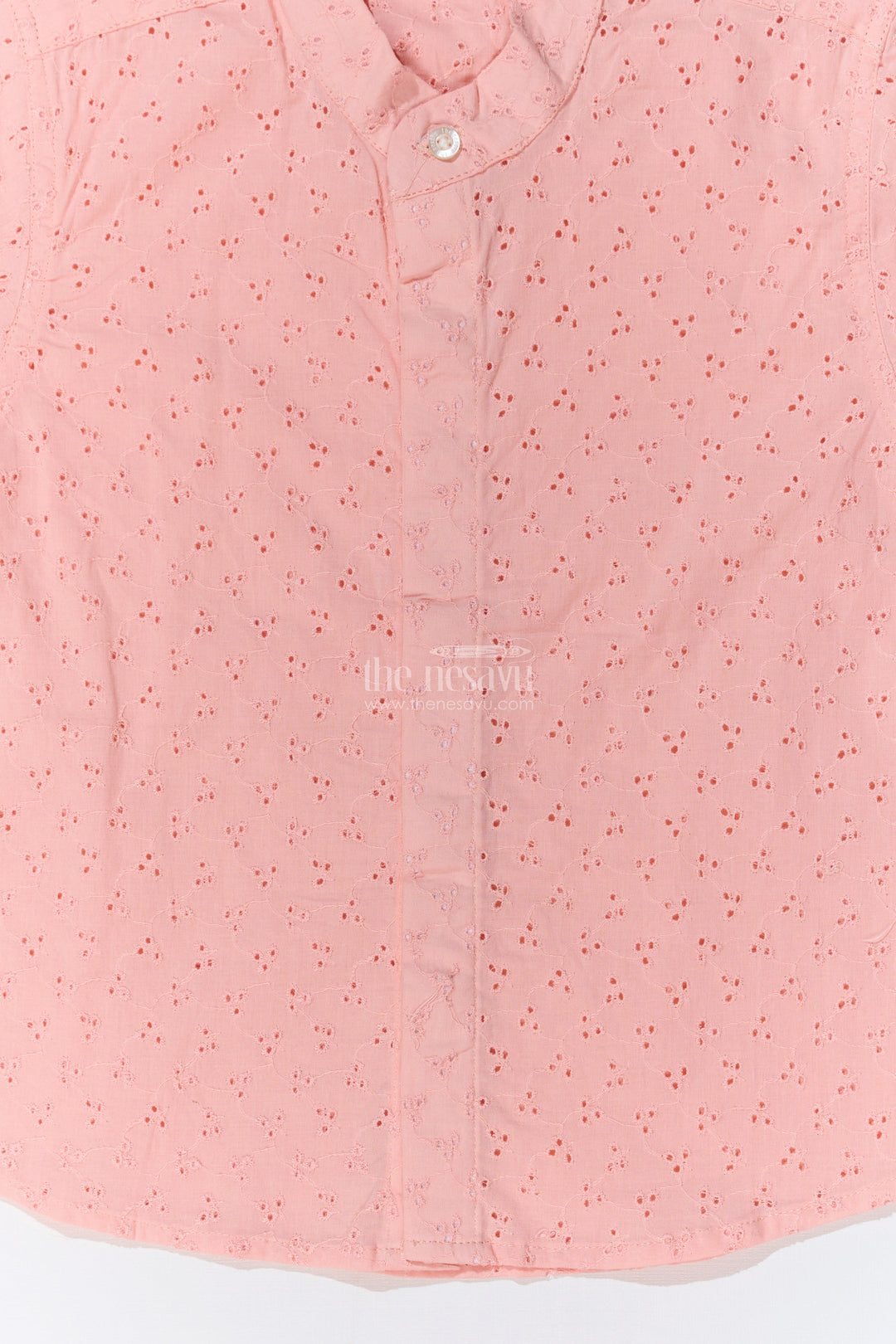 The Nesavu Boys Cotton Shirt Boys Cotton Half Shirt with Hakoba Embroidery in Soft Peach for a Classic Look Nesavu Boys Cotton Half Shirt Hakoba Embroidery Mandarin Collar Peach | The Nesavu