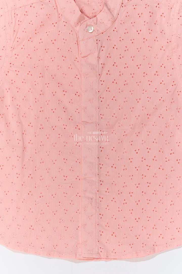 The Nesavu Boys Cotton Shirt Boys Cotton Half Shirt with Hakoba Embroidery in Soft Peach for a Classic Look Nesavu Boys Cotton Half Shirt Hakoba Embroidery Mandarin Collar Peach | The Nesavu