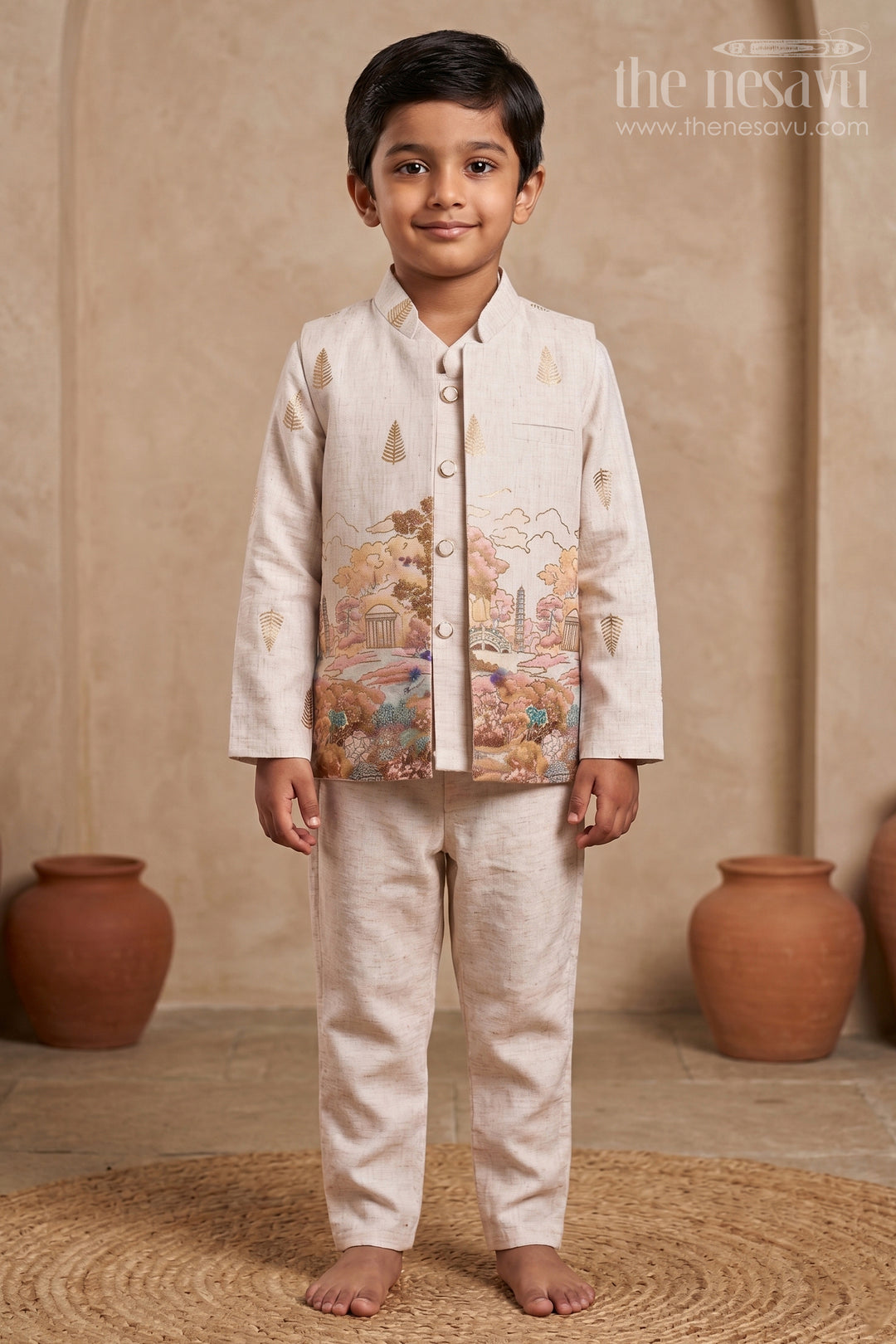 The Nesavu Boys Kurtha Set Boys Cotton Jacket Set for Festive Days and Casual Celebrations Nesavu 16 (1Y) / Half white / Cotton BES999A-16 Nesavu Boys Cotton Kurta Set For Festive Wear And Casual Occasions With Digital Print Comfortable Outfit