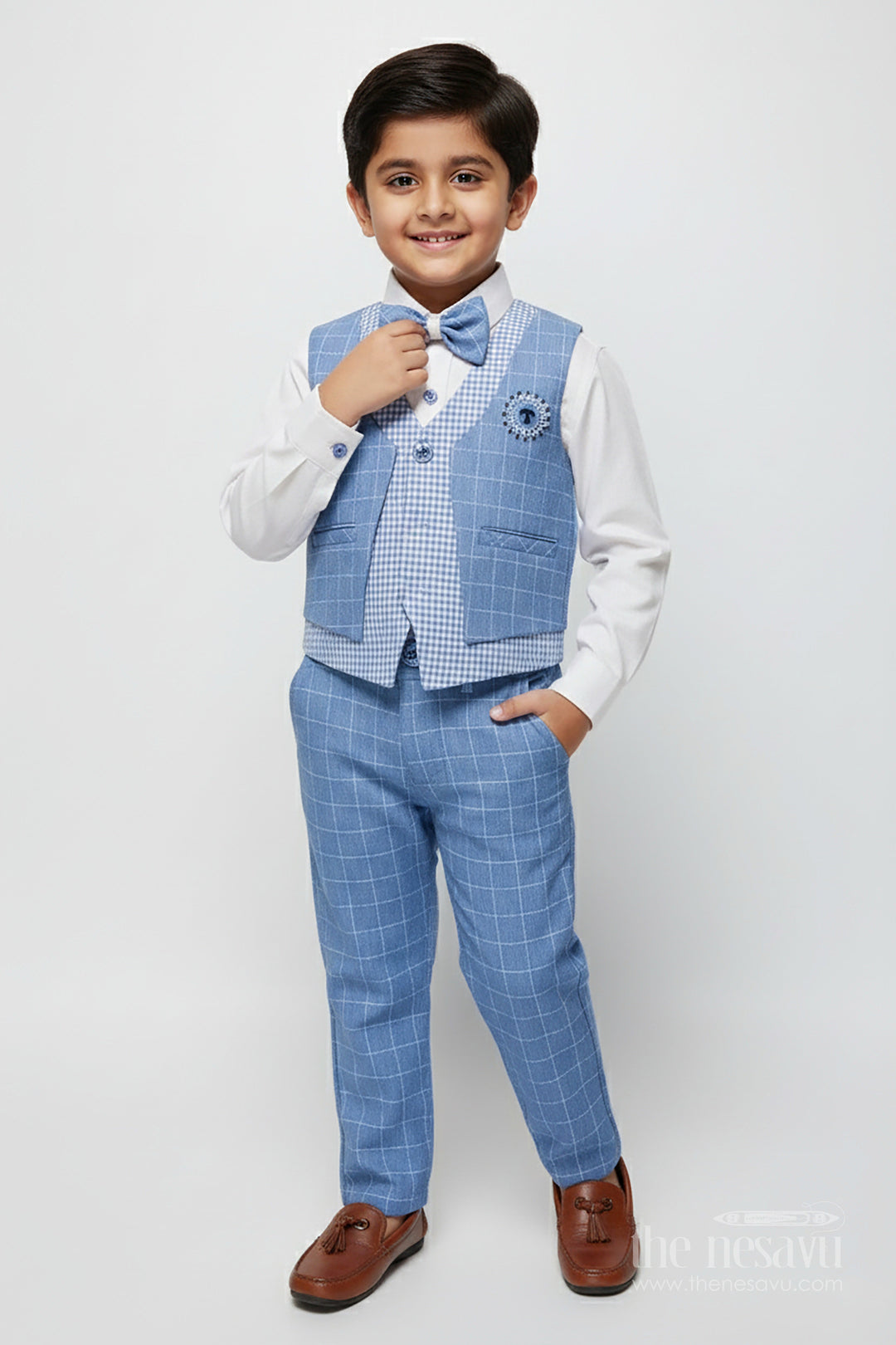 The Nesavu Boys Casual Set Boys Cotton Jacket Set for Weddings and Family Events Nesavu 14 (6M) / Blue BCS472A-14 Nesavu boys cotton jacket set blue checkered design festive wedding wear