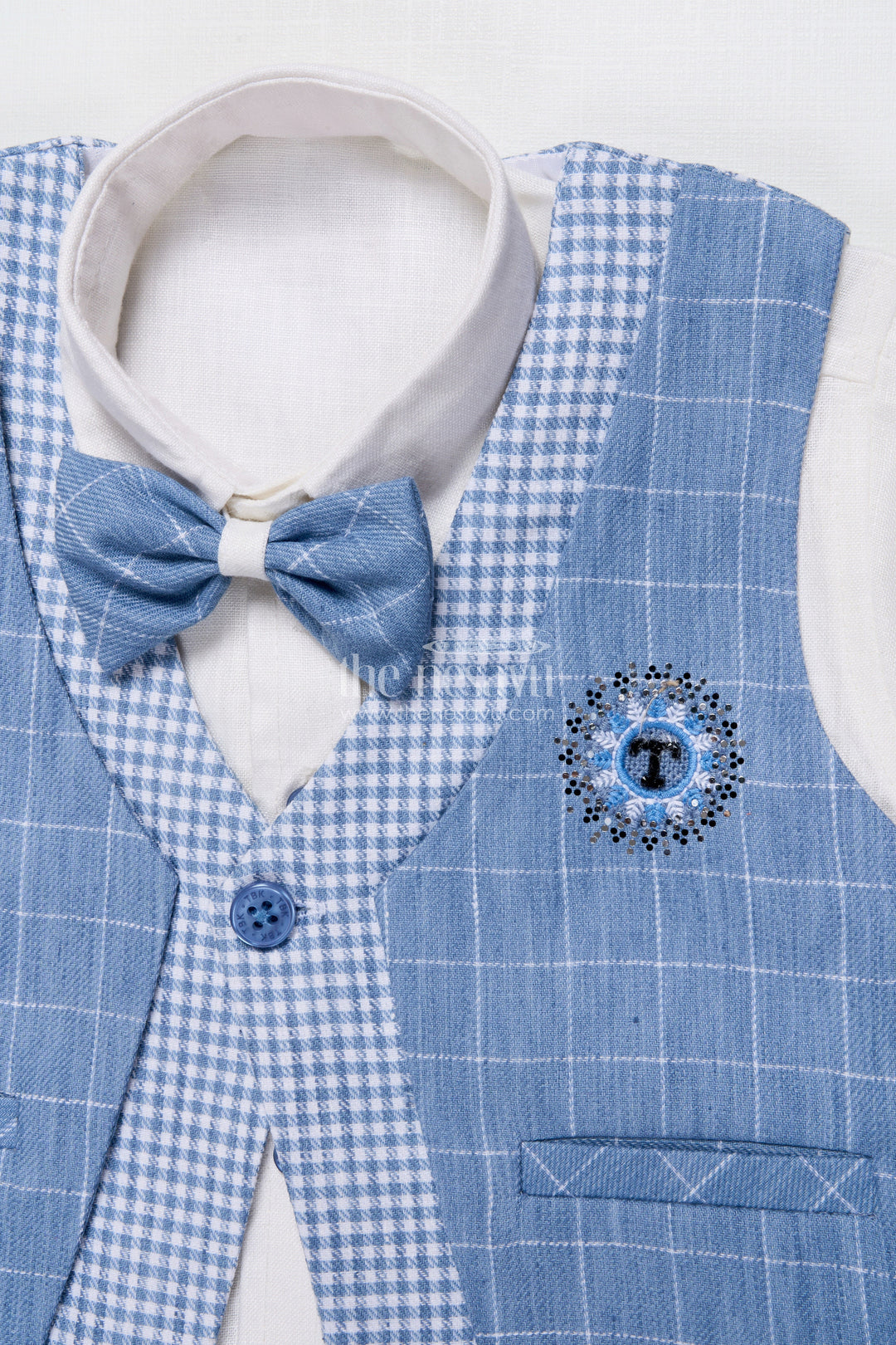 The Nesavu Boys Casual Set Boys Cotton Jacket Set for Weddings and Family Events Nesavu Nesavu boys cotton jacket set blue checkered design festive wedding wear