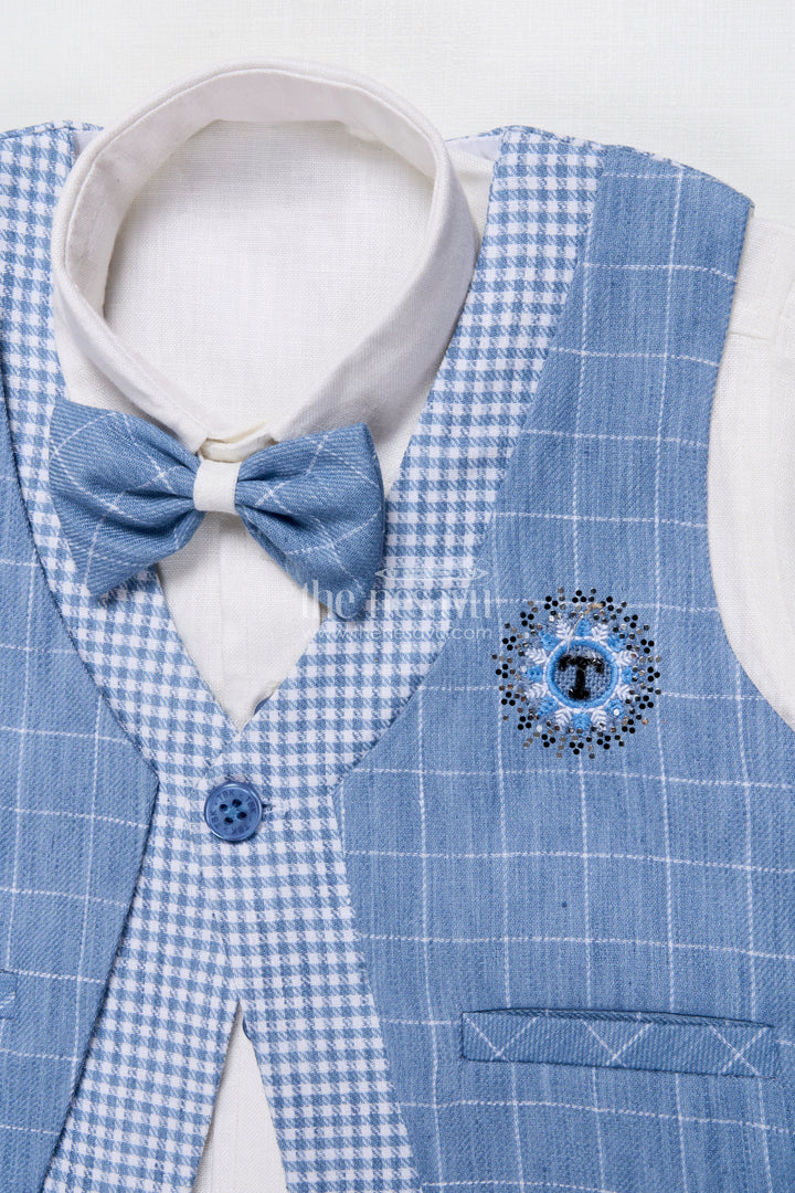 The Nesavu Boys Casual Set Boys Cotton Jacket Set for Weddings and Family Events Nesavu Nesavu boys cotton jacket set blue checkered design festive wedding wear