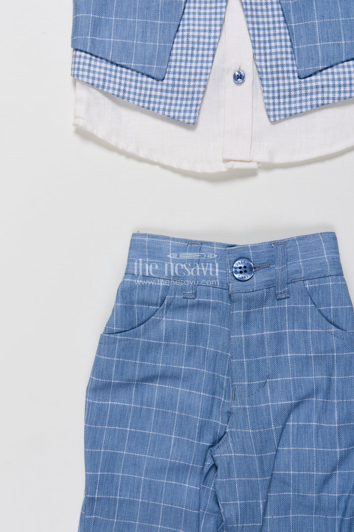The Nesavu Boys Casual Set Boys Cotton Jacket Set for Weddings and Family Events Nesavu Nesavu boys cotton jacket set blue checkered design festive wedding wear