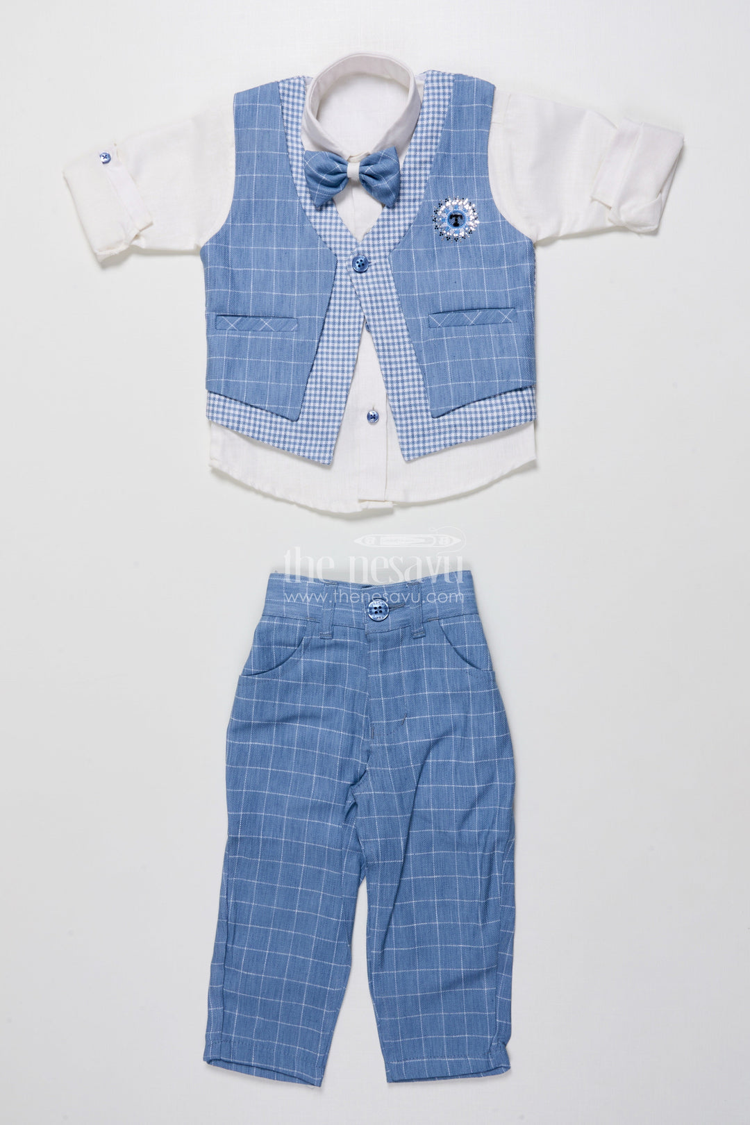 The Nesavu Boys Casual Set Boys Cotton Jacket Set for Weddings and Family Events Nesavu Nesavu boys cotton jacket set blue checkered design festive wedding wear