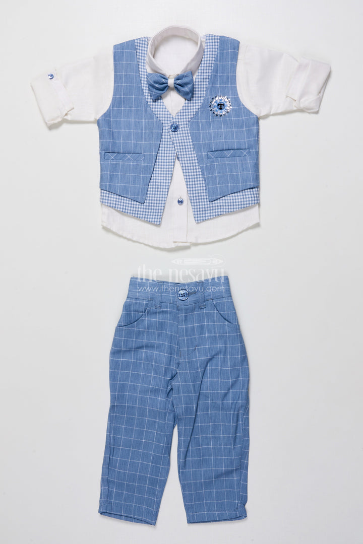 The Nesavu Boys Casual Set Boys Cotton Jacket Set for Weddings and Family Events Nesavu Nesavu boys cotton jacket set blue checkered design festive wedding wear
