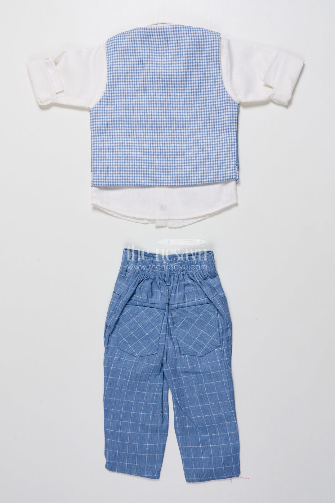 The Nesavu Boys Casual Set Boys Cotton Jacket Set for Weddings and Family Events Nesavu Nesavu boys cotton jacket set blue checkered design festive wedding wear