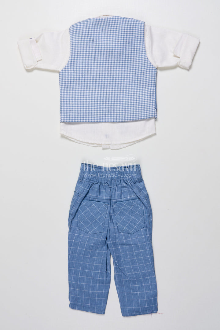 The Nesavu Boys Casual Set Boys Cotton Jacket Set for Weddings and Family Events Nesavu Nesavu boys cotton jacket set blue checkered design festive wedding wear