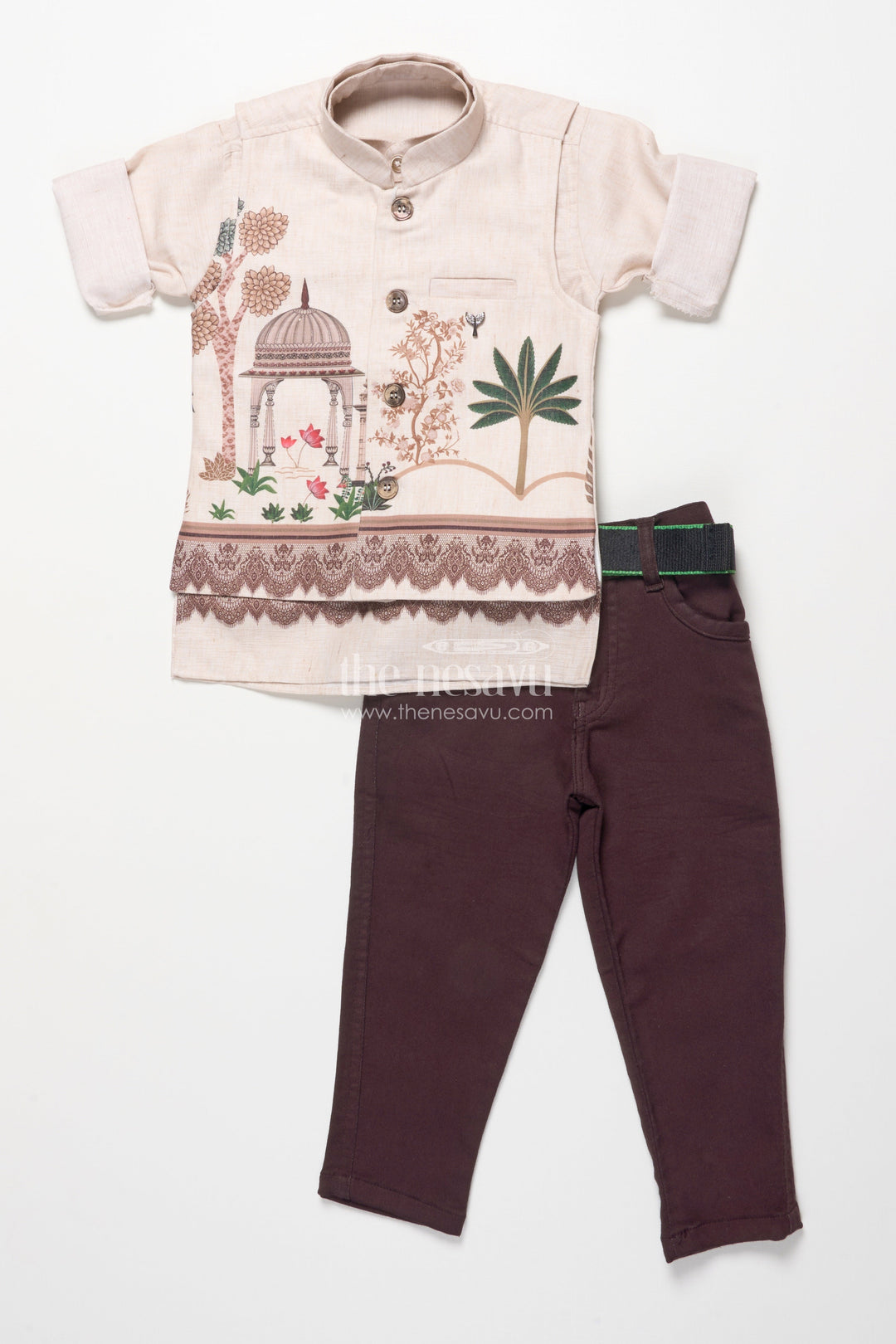 The Nesavu Boys Jacket Sets Boys Cotton Kurta Pant Set with Heritage Digital Print Nesavu 16 (1Y) / Cream BES910B-16 Nesavu boys cotton kurta pant set digital heritage prints festivals family events