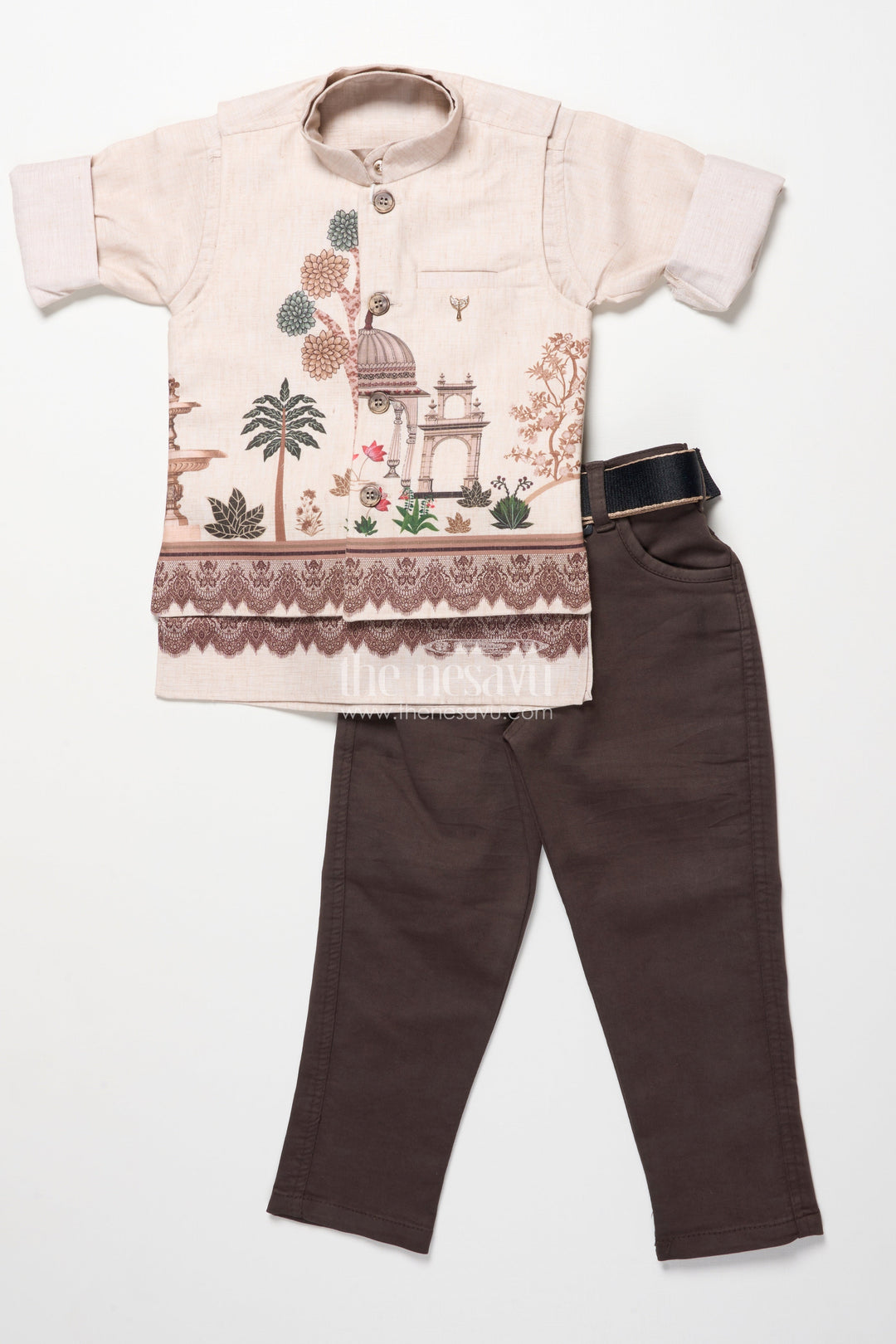 The Nesavu Boys Jacket Sets Boys Cotton Kurta Pant Set with Heritage Digital Print Nesavu Nesavu boys cotton kurta pant set digital heritage prints festivals family events
