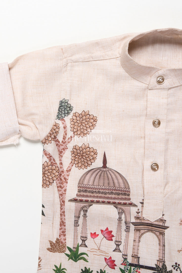 The Nesavu Boys Jacket Sets Boys Cotton Kurta Pant Set with Heritage Digital Print Nesavu Nesavu boys cotton kurta pant set digital heritage prints festivals family events