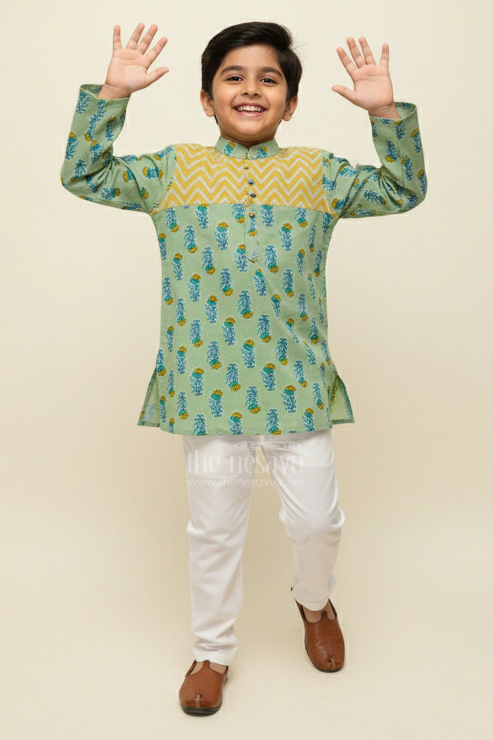 The Nesavu Boys Kurtha Set Boys Cotton Kurta Set for Casual Festive Wear and Family Outings Nesavu 16 (1Y) / Green BES787A-16 Nesavu boys cotton printed kurta set yoke detail  ideal festive outings casual ethnic wear