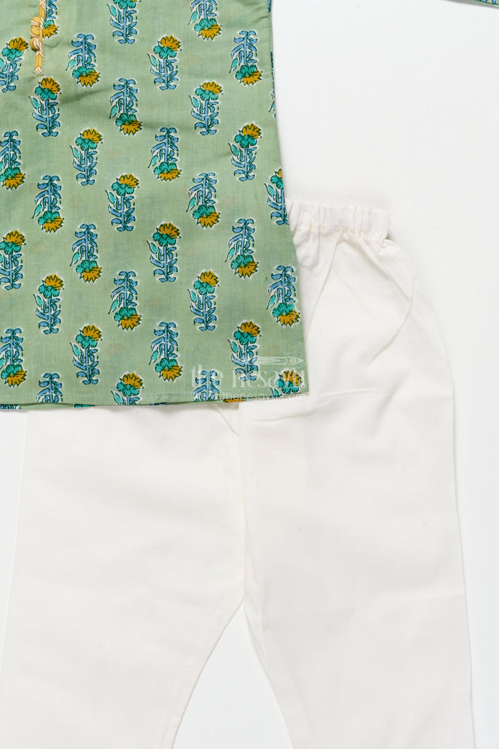 The Nesavu Boys Kurtha Set Boys Cotton Kurta Set for Casual Festive Wear and Family Outings Nesavu Nesavu boys cotton printed kurta set yoke detail  ideal festive outings casual ethnic wear