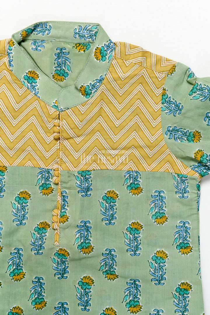 The Nesavu Boys Kurtha Set Boys Cotton Kurta Set for Casual Festive Wear and Family Outings Nesavu Nesavu boys cotton printed kurta set yoke detail  ideal festive outings casual ethnic wear