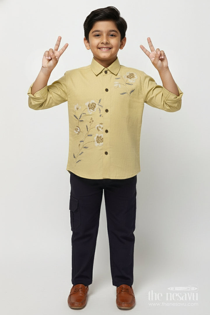 The Nesavu Boys Casual Set Boys Cotton Kurta Set for Ethnic Day and Festive Celebrations Nesavu 20 (3Y) / Yellow BCS496C-20 Nesavu boys ethnic cotton kurta set thread embroidery festive school wear