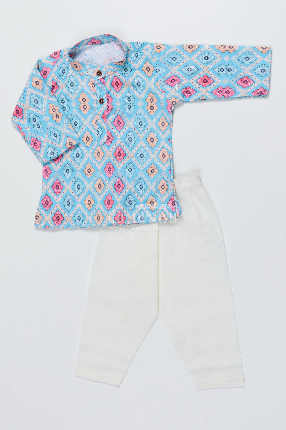 The Nesavu Boys Kurtha Set Boys Cotton Kurta Set for Ethnic Day and Festive Wear Nesavu 12 (3M) / Blue BES937A-12 Nesavu boys cotton kurta set digital print festive school functions ethnic day