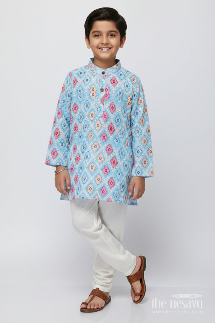 The Nesavu Boys Kurtha Set Boys Cotton Kurta Set for Ethnic Day and Festive Wear Nesavu 12 (3M) / Blue BES937A-12 Nesavu boys cotton kurta set digital print festive school functions ethnic day