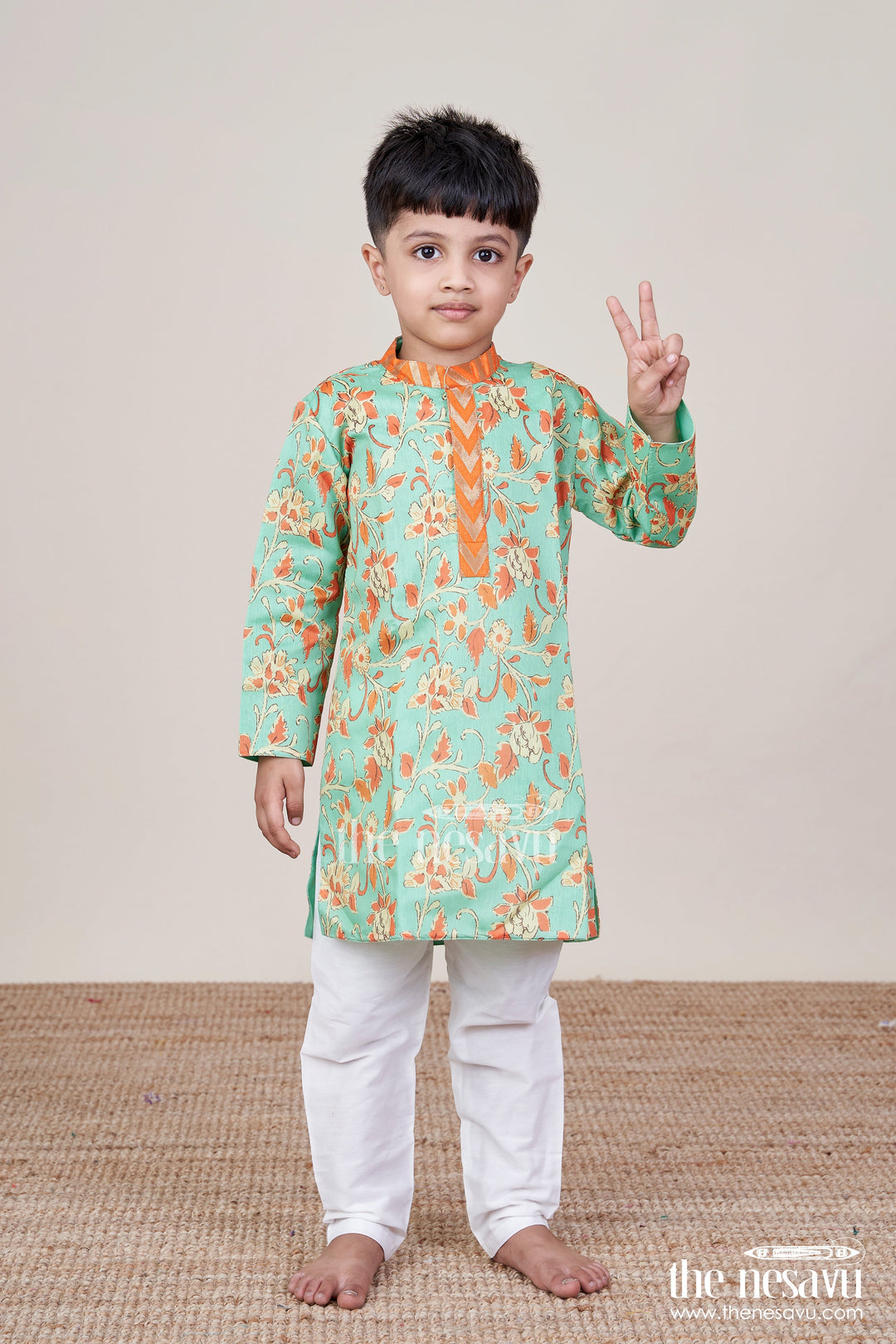The Nesavu Boys Kurtha Set Boys Cotton Kurta Set for Weddings, Festivals and Photo Shoots Nesavu 16 (1Y) / Green BES783A-16 Nesavu boys festive kurta pyjama set floral print weddings cultural events