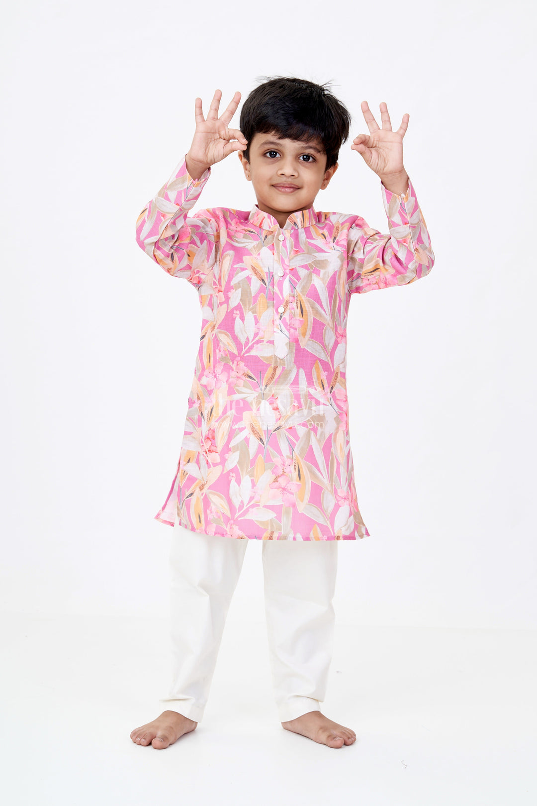 The Nesavu Boys Kurtha Set Boys Cotton Kurtha with Soft Floral Prints and Classic Mandarin Collar for Ethnic Wear Nesavu 14 (6M) / Pink BES663A-14 Boys Cotton Kurtha Soft Floral Prints Classic Mandarin Collar Ethnic Wear | The Nesavu
