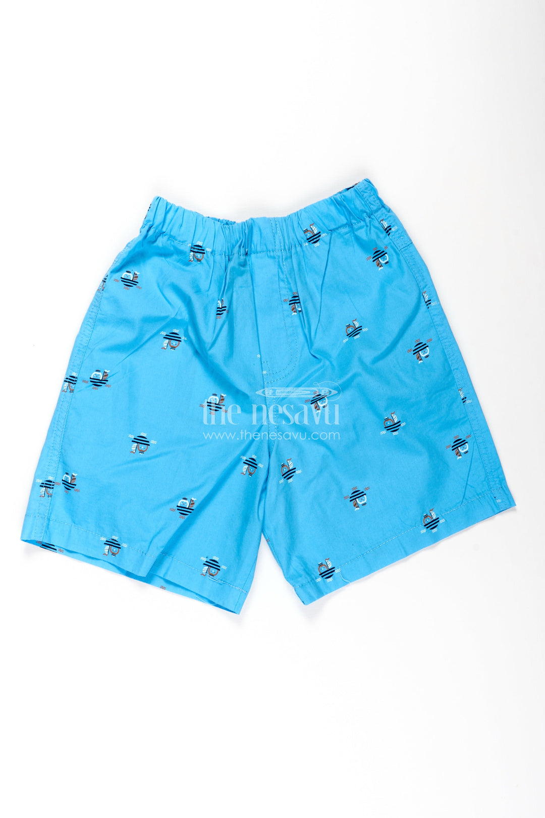 The Nesavu Boys Shorts Boys Cotton Light Blue Shorts with Mini Robot Print and Soft Fit for Casual Everyday Style Nesavu 18 (2Y) / Blue BWS036A-18 Nesavu Boys Light Blue Cotton Shorts Robot Print Comfortable Fit Casual Wear