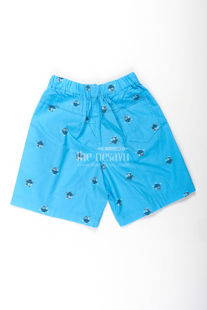 The Nesavu Boys Shorts Boys Cotton Light Blue Shorts with Mini Robot Print and Soft Fit for Casual Everyday Style Nesavu Nesavu Boys Light Blue Cotton Shorts Robot Print Comfortable Fit Casual Wear