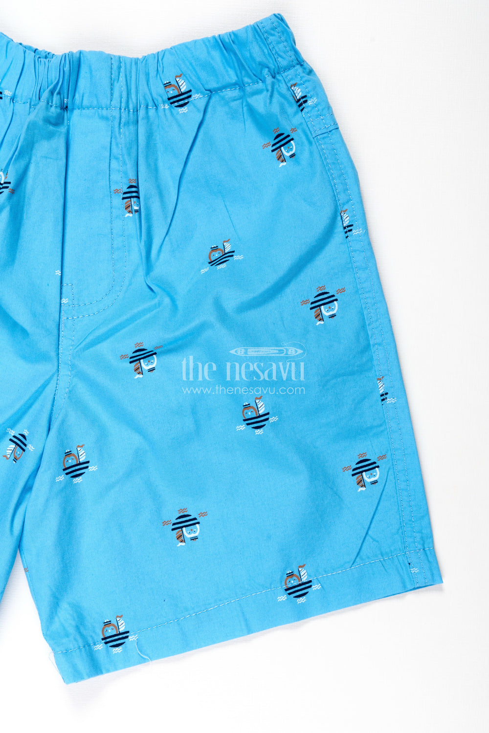 The Nesavu Boys Shorts Boys Cotton Light Blue Shorts with Mini Robot Print and Soft Fit for Casual Everyday Style Nesavu Nesavu Boys Light Blue Cotton Shorts Robot Print Comfortable Fit Casual Wear