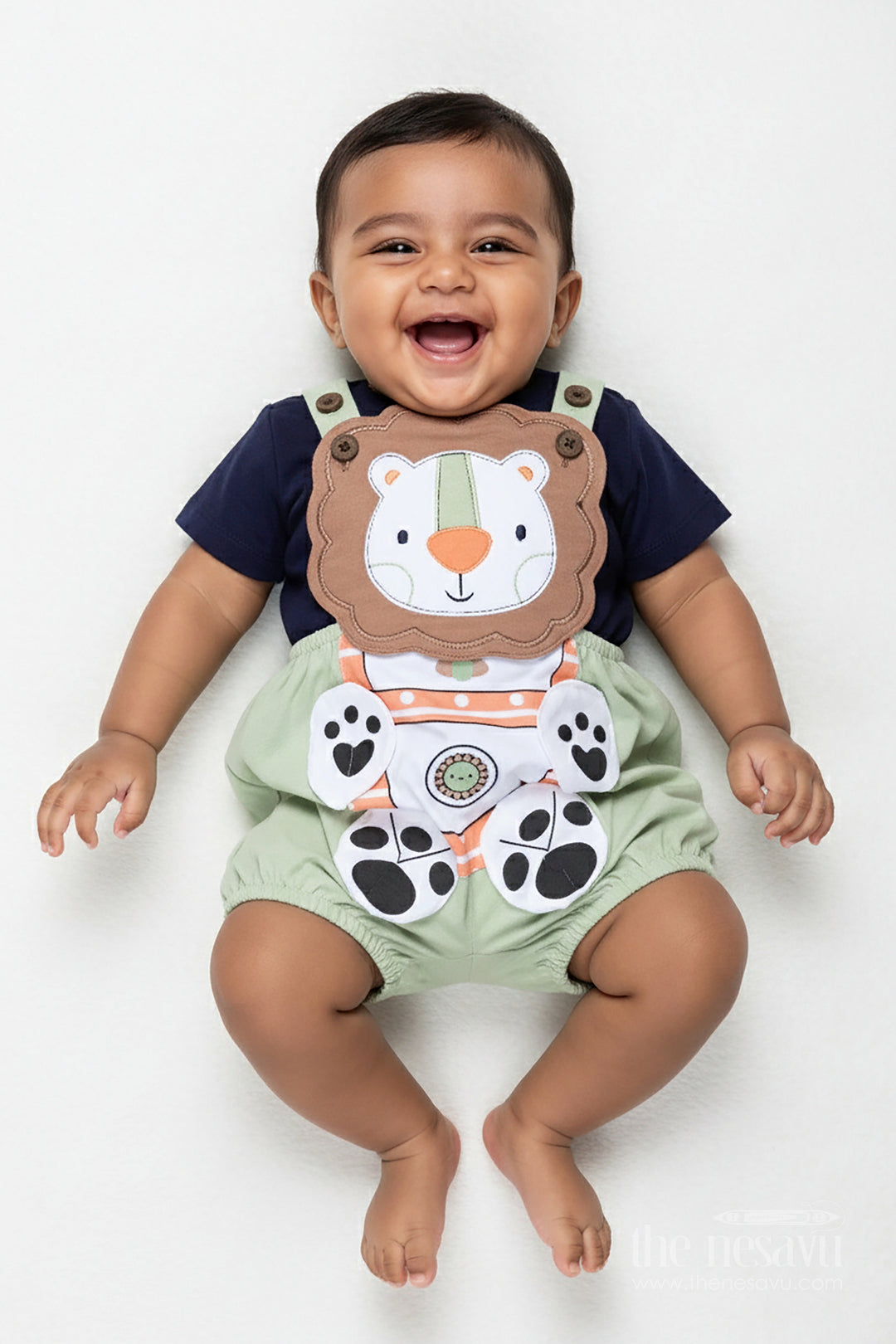 The Nesavu Boys Casual Set Boys Cotton Lion Print Set with Playful Dungaree Design and Animal Theme for Everyday Comfort Nesavu 14 (6M) / Green BCS305A-14 Nesavu Boys Cotton Outfit Lion Print Animal Dungaree Design Casual Wear Comfort