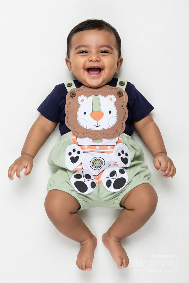 The Nesavu Boys Casual Set Boys Cotton Lion Print Set with Playful Dungaree Design and Animal Theme for Everyday Comfort Nesavu 14 (6M) / Green BCS305A-14 Nesavu Boys Cotton Outfit Lion Print Animal Dungaree Design Casual Wear Comfort