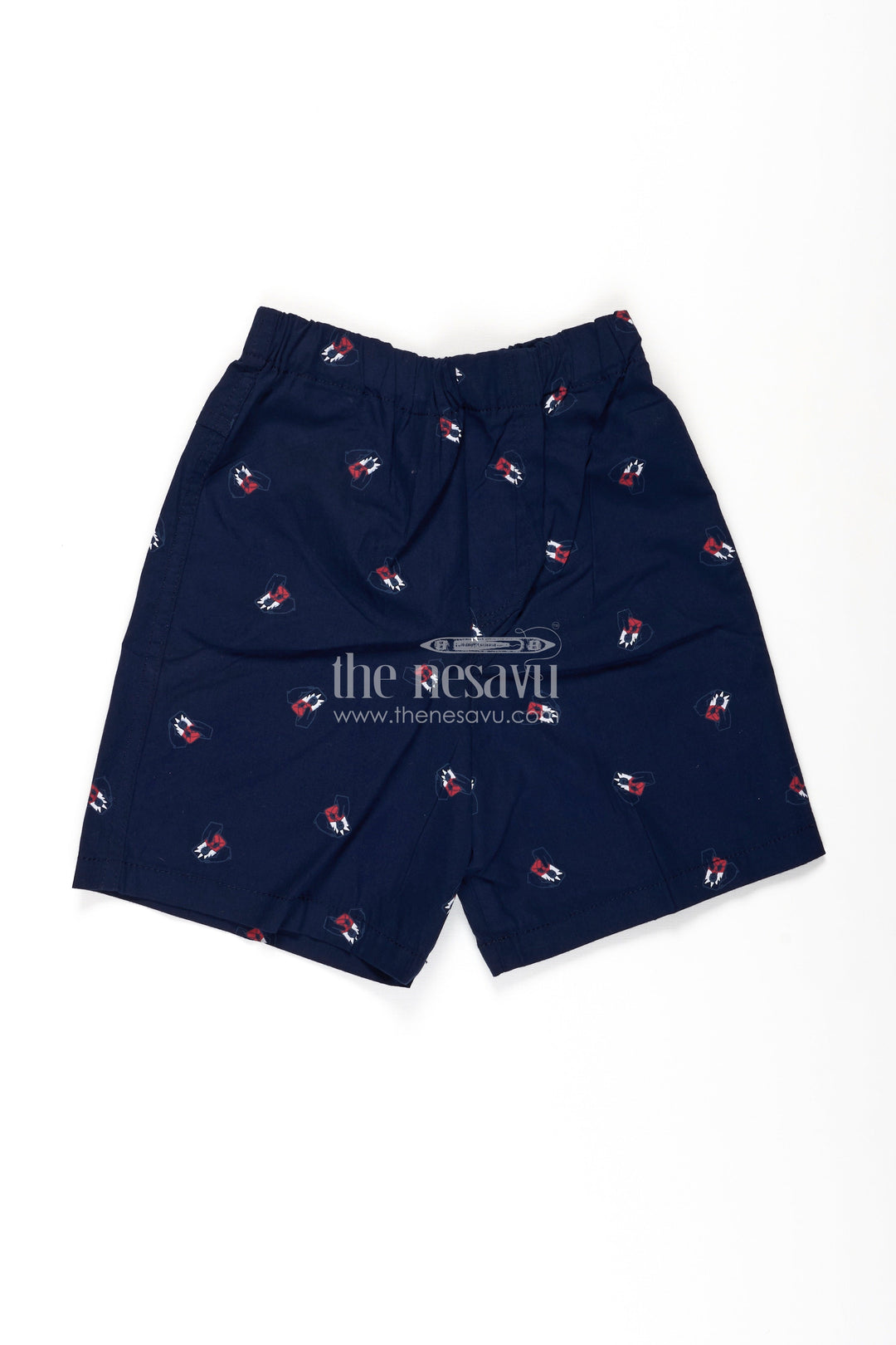 The Nesavu Boys Shorts Boys Cotton Navy Blue Shorts with Bow Tie Motif All Over Print and Soft Elastic Waistband Nesavu 18 (2Y) / Blue BWS048A-18 Nesavu Boys Navy Blue Cotton Shorts Bow Tie Digital Print Easy Comfortable Fit