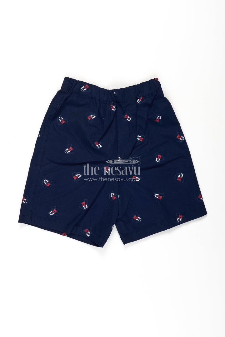 The Nesavu Boys Shorts Boys Cotton Navy Blue Shorts with Bow Tie Motif All Over Print and Soft Elastic Waistband Nesavu 18 (2Y) / Blue BWS048A-18 Nesavu Boys Navy Blue Cotton Shorts Bow Tie Digital Print Easy Comfortable Fit