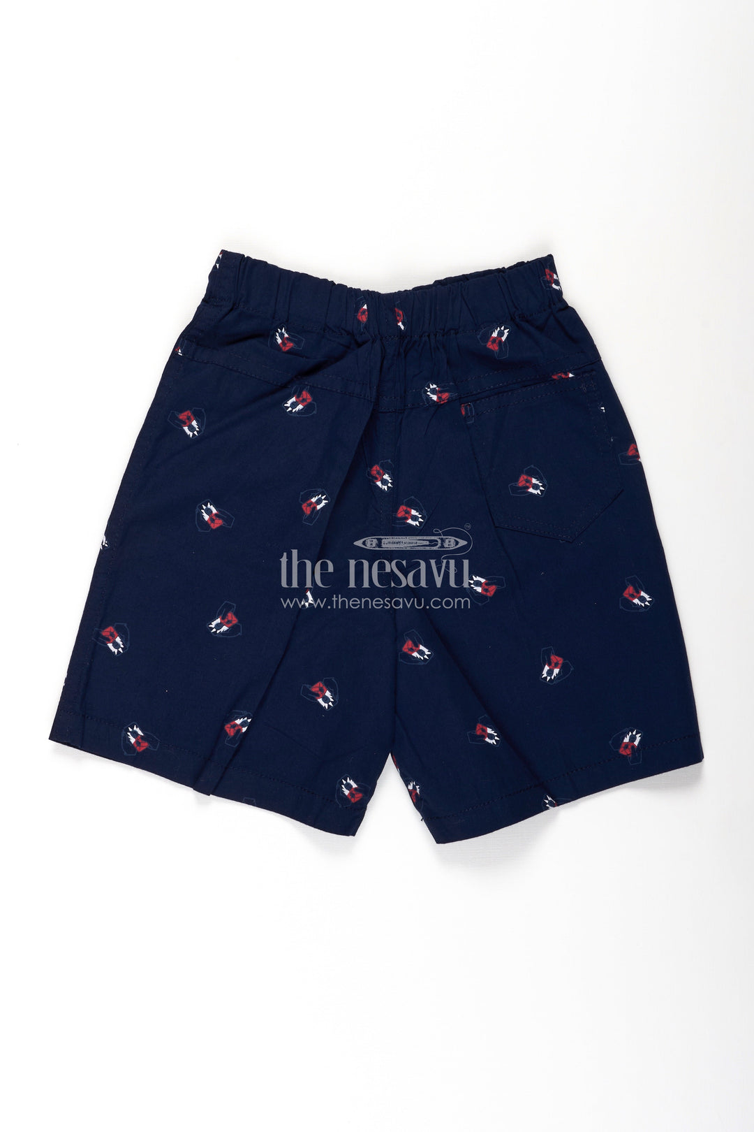 The Nesavu Boys Shorts Boys Cotton Navy Blue Shorts with Bow Tie Motif All Over Print and Soft Elastic Waistband Nesavu Nesavu Boys Navy Blue Cotton Shorts Bow Tie Digital Print Easy Comfortable Fit