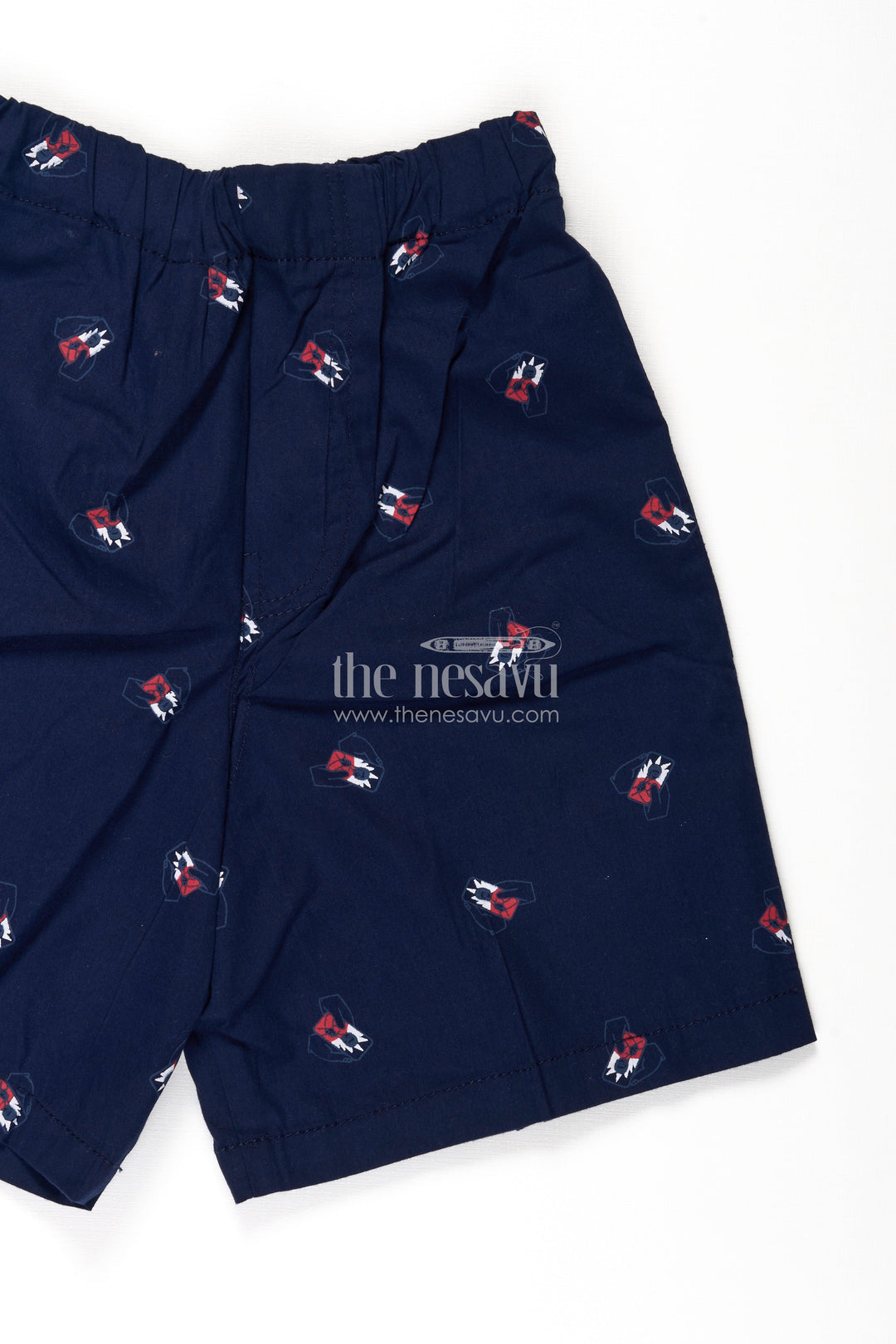 The Nesavu Boys Shorts Boys Cotton Navy Blue Shorts with Bow Tie Motif All Over Print and Soft Elastic Waistband Nesavu Nesavu Boys Navy Blue Cotton Shorts Bow Tie Digital Print Easy Comfortable Fit