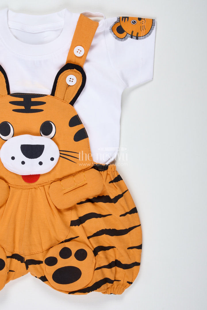 The Nesavu Boys Casual Set Boys Cotton Orange Shirt and Short Sets with Animal Face Dungaree and Printed T Shirt for Toddler Style Nesavu Nesavu Boys Orange Cotton Shirt Short Sets Animal Printed Dungaree White T Shirt