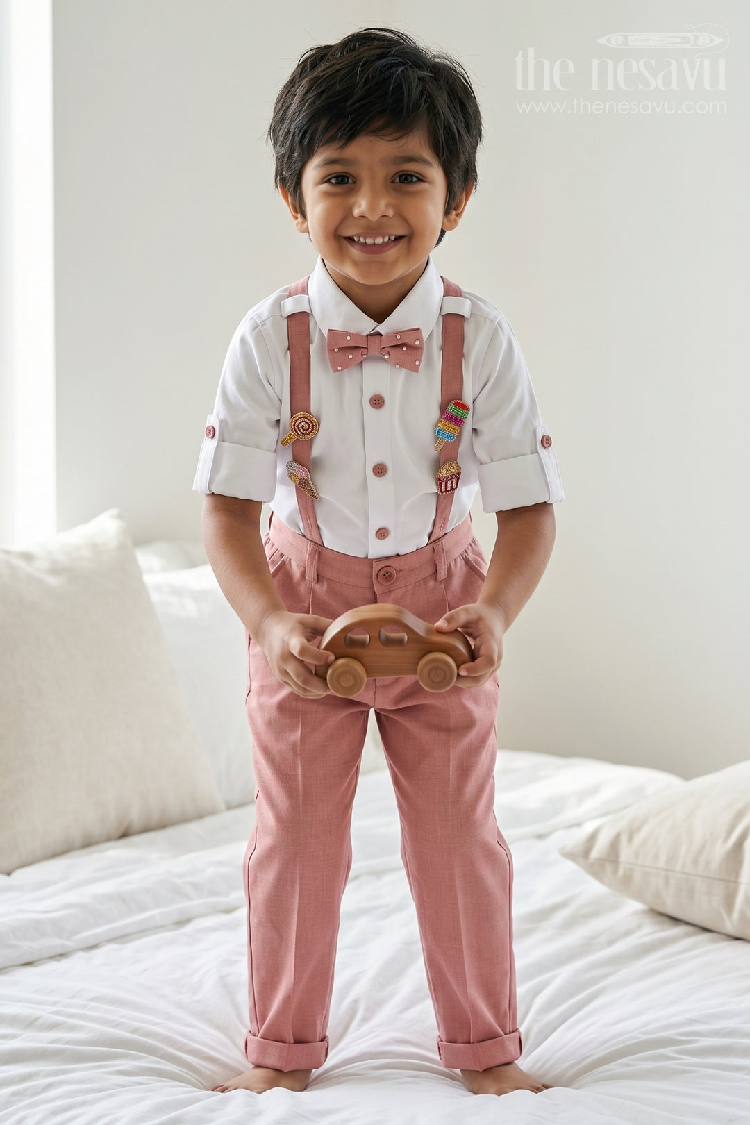 The Nesavu Boys Casual Set Boys Cotton Outfit Set for Casual Outings and Playtime Nesavu 16 (1Y) / Peach / Cotton BCS602A-16 Nesavu Boys Cotton Outfit Set For Casual Outings With Suspenders And Comfortable Everyday Wear