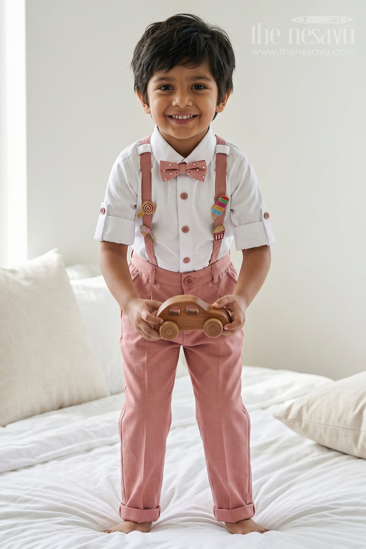 The Nesavu Boys Casual Set Boys Cotton Outfit Set for Casual Outings and Playtime Nesavu 16 (1Y) / Peach / Cotton BCS602A-16 Nesavu Boys Cotton Outfit Set For Casual Outings With Suspenders And Comfortable Everyday Wear
