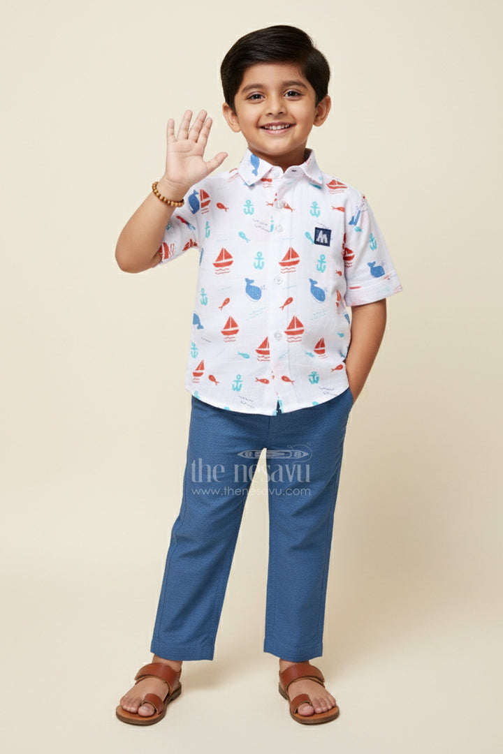 The Nesavu Boys Casual Set Boys Cotton Outfit Set with Nautical Print for Travel and Play Nesavu 12 (3M) / Half white BCS432A-12 Nesavu boys cotton outfit nautical digital print travel daycare summer play