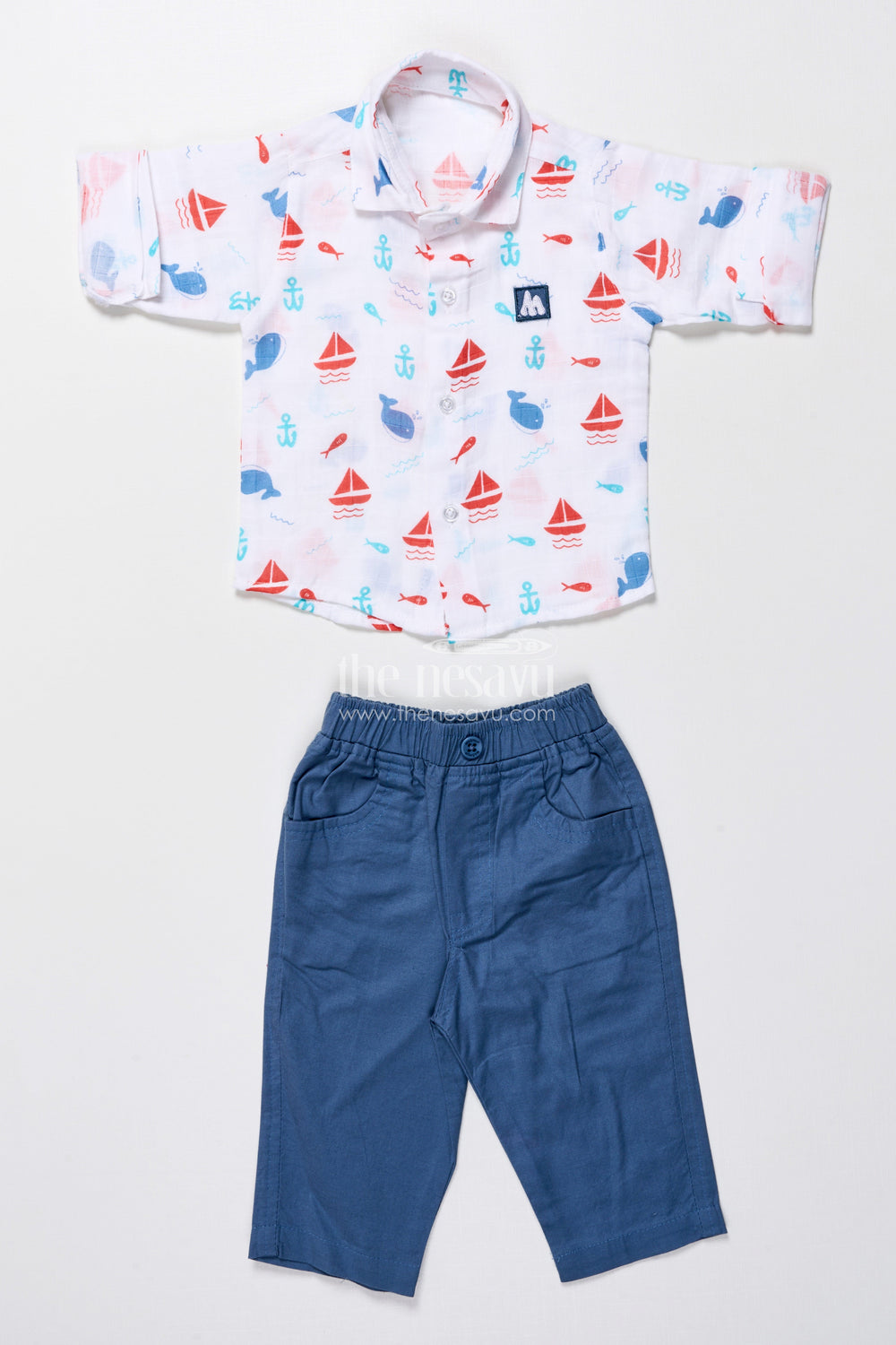 The Nesavu Boys Casual Set Boys Cotton Outfit Set with Nautical Print for Travel and Play Nesavu Nesavu boys cotton outfit nautical digital print travel daycare summer play