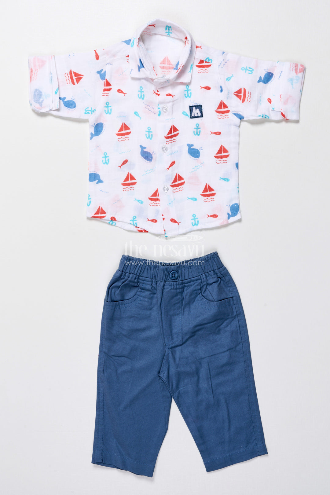 The Nesavu Boys Casual Set Boys Cotton Outfit Set with Nautical Print for Travel and Play Nesavu Nesavu boys cotton outfit nautical digital print travel daycare summer play