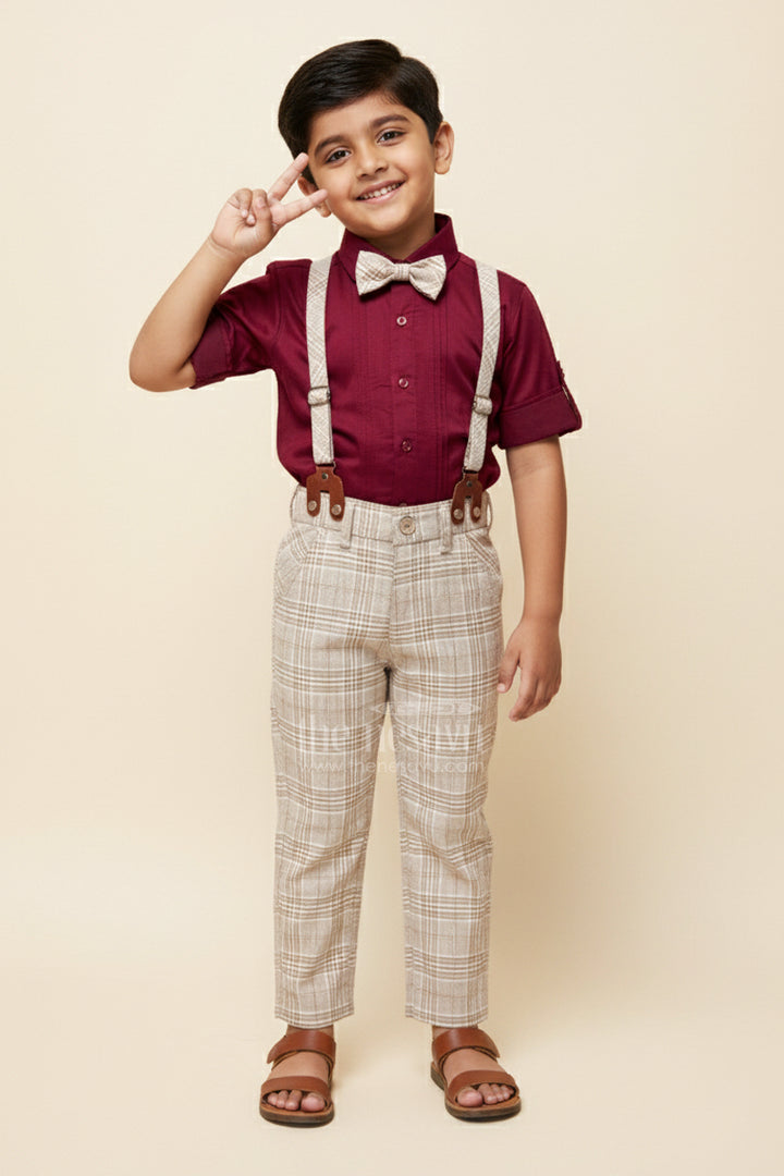 The Nesavu Boys Casual Set Boys Cotton Outfit with Bow Tie and Suspenders for Party and Celebrations Nesavu 16 (1Y) / Maroon BCS439A-16 Nesavu boys cotton outfit set bow tie suspenders checked pants festive events