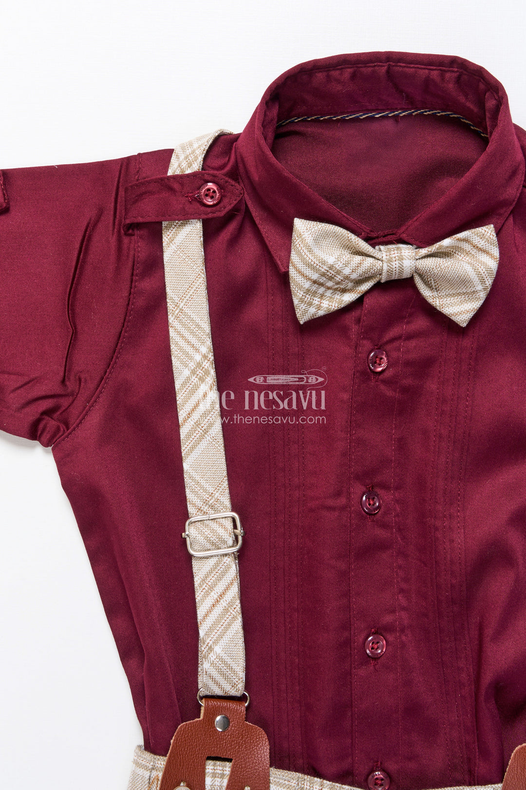 The Nesavu Boys Casual Set Boys Cotton Outfit with Bow Tie and Suspenders for Party and Celebrations Nesavu Nesavu boys cotton outfit set bow tie suspenders checked pants festive events