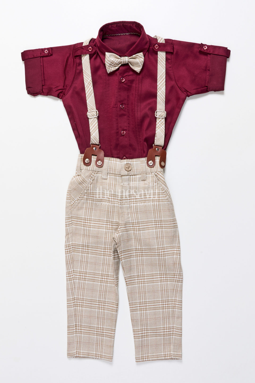 The Nesavu Boys Casual Set Boys Cotton Outfit with Bow Tie and Suspenders for Party and Celebrations Nesavu Nesavu boys cotton outfit set bow tie suspenders checked pants festive events