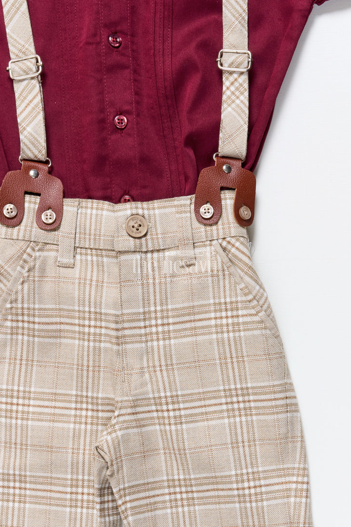 The Nesavu Boys Casual Set Boys Cotton Outfit with Bow Tie and Suspenders for Party and Celebrations Nesavu Nesavu boys cotton outfit set bow tie suspenders checked pants festive events