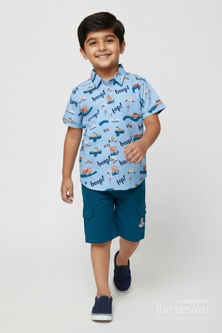 The Nesavu Boys Casual Set Boys Cotton Outfit with Vehicle Print for Daycare and Holiday Fun Nesavu 16 (1Y) / Blue BCS458B-16 Nesavu boys cotton casual set fun car print weekend outings daycare travel